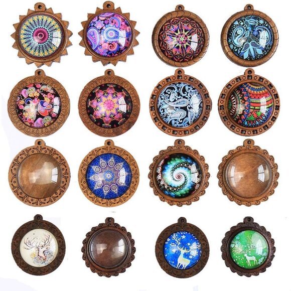Other - Bezel Pendant Trays Round Wooden and Glass Cabochon Round Clear Dome for DIY Cra